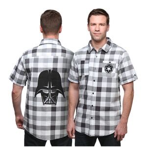 STAR WARS  SHORT SLEEVED BLACK & WHITE PLAID  BUTTON DOWN SHIRT MENS SZ XL